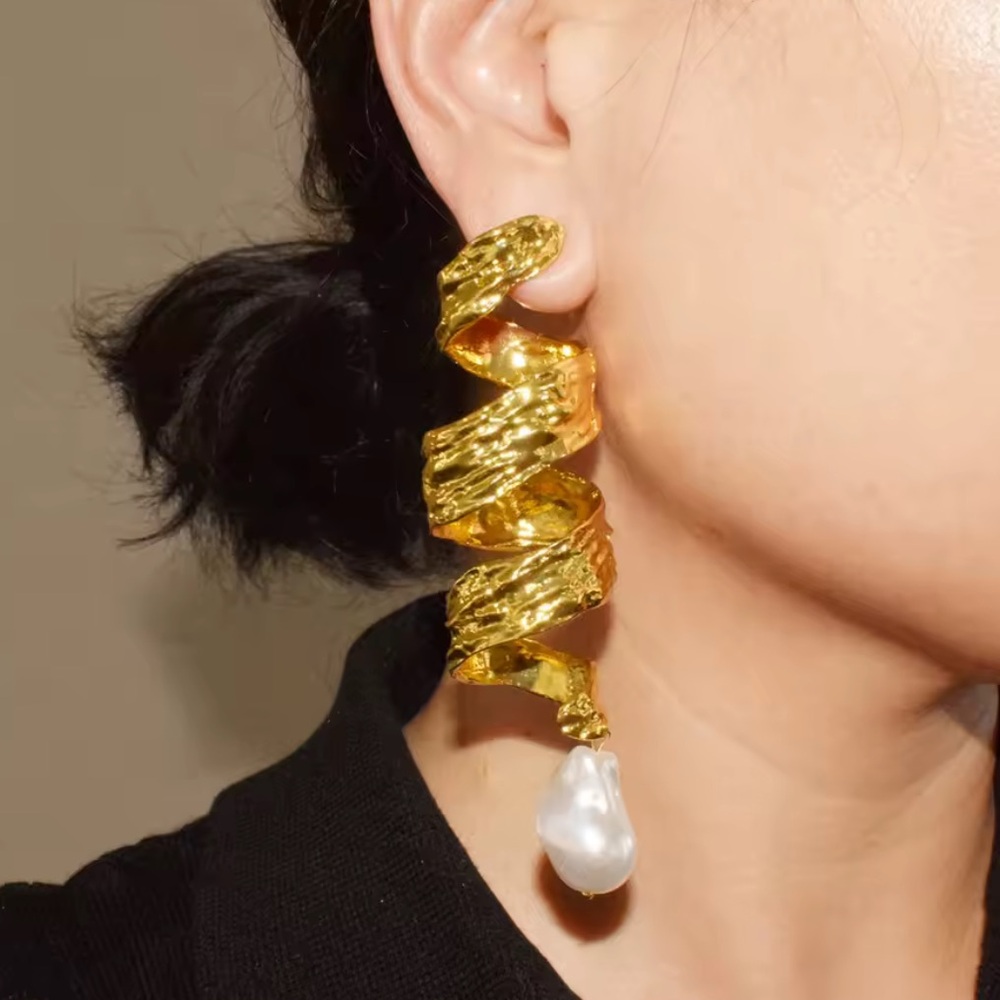 Gold Spiral Pearl Drop Earrings - Picture 2 of 3